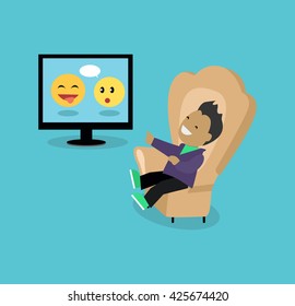 Satirical caricature edition design flat. Young man sitting in a comfortable chair and laughs looking humorous edition edition. Internet site satircal on a smartphone, laptop. Vector illustration