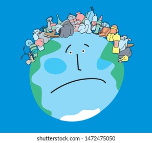 Satirical drawing of a sad planet Earth with a haircut in the form of garbage. Ecological problems. Vector full color graphics