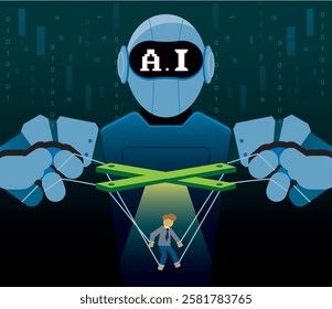 A satirical illustration depicting humans being controlled by robots in the AI era