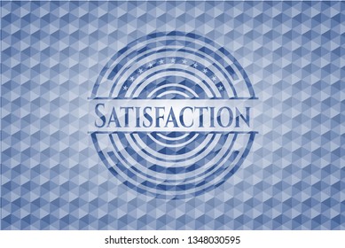 Satisfaction blue badge with geometric pattern.