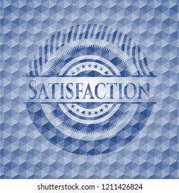 Satisfaction blue emblem with geometric pattern.