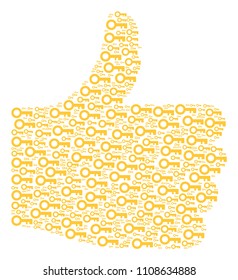 Satisfaction collage built of key icons in different sizes. Abstract vector thumb finger up concept. Key icons are arranged into confirm figure.