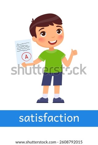 Satisfaction - concept of emotion. Little happy boy holding a piece of paper with the highest grade.
Learning English language. Children psychology. Cute cartoon character