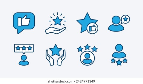 Satisfaction and customer experience icon set. Containing feedback, rating, reviews, happiness, recommend, response, testimonials, support. Vector illustration