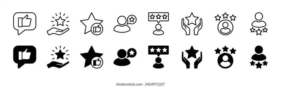 Satisfaction and customer experience thin line icon set. Containing feedback, rating, reviews, happiness, recommend, response, testimonials, support. Vector illustration