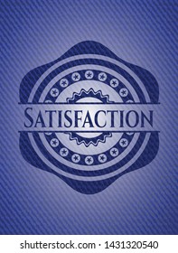 Satisfaction emblem with denim texture. Vector Illustration. Detailed.