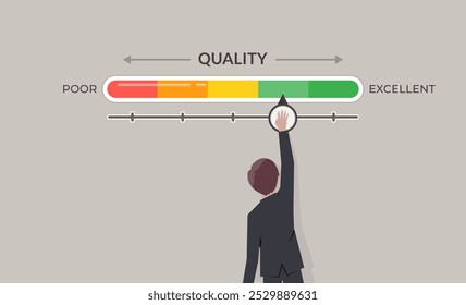Satisfação e conceito de avaliação, empresário está apontando para mudar a escala do indicador de nível de qualidade de ruim para excelente