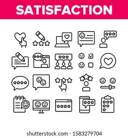 Satisfaction Feedback Collection Icons Set Vector Thin Line. Happy And Unhappy Smiles On Computer Screen, Web Site Stars Review Satisfaction Concept Linear Pictograms. Monochrome Contour Illustrations