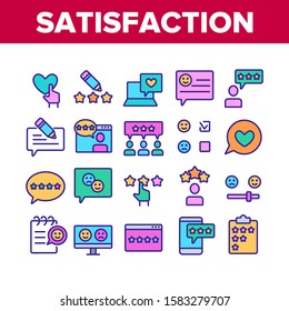 Satisfaction Feedback Collection Icons Set Vector Thin Line. Happy And Unhappy Smiles On Computer Screen, Web Site Stars Review Satisfaction Concept Linear Pictograms. Color Contour Illustrations