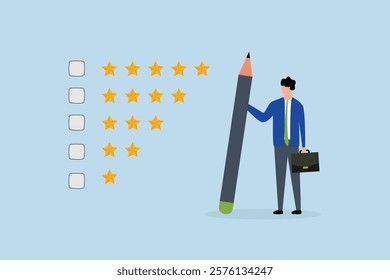satisfaction feedback, considerate entrepreneur gripping pencil to assess star reviews.