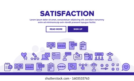 Satisfaction Feedback Landing Web Page Header Banner Template Vector. Happy And Unhappy Smiles On Computer Screen, Web Site Stars Review Satisfaction Illustration
