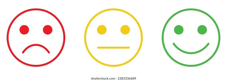 Satisfaction feedback survey emoji, flat style red, yellow, green color rating emoticons. Good, bad, average icons with sad, neutral and happy mood face vector symbols isolated on white background.