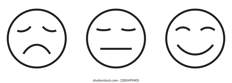 Emoji de encuesta de retroalimentación de satisfacción, emoticonos de clasificación de color de contorno negro de estilo plano. Iconos buenos, malos, promedio con símbolos vectores de humor tristes, neutrales y felices aislados en fondo blanco.