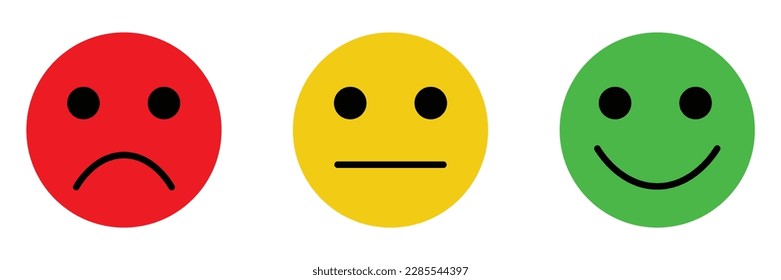 Satisfaction feedback survey emoji, flat style red, yellow, green color rating emoticons. Good, bad, average icons with sad, neutral and happy mood face vector symbols isolated on white background.