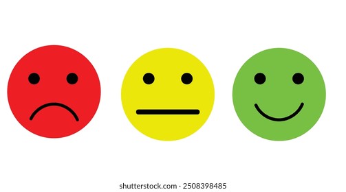 Emoji de Encuesta de Comentarios de satisfacción, emoticonos de clasificación de color rojo, amarillo y verde de estilo plano. Iconos buenos, malos, promedio con cara de sentimiento triste, neutral y feliz.