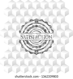 Satisfaction grey emblem with geometric cube white background