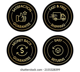 Satisfaction Guarantee, Money-back Guarantee, Easy Returns, Fast And Free Shipping Product Listing Icon Set Vector Illustration 