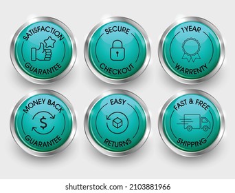 satisfaction guarantee, secure checkout, 1year warranty, moneyback guarantee, easy return, fast and free delivery icon set vector