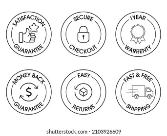 Zufriedenheitsgarantie, sicherer Check-out, 1 Jahr Garantie, Geld-zurück-Garantie, einfache Rückkehr, schnelle und kostenlose Versand-Icon-Set Vektorgrafik