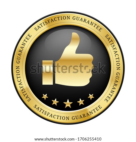 Satisfaction guarantee thumbs up and 5 stars badge black and gold glossy metallic logo
