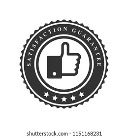 Satisfaction guarantee word, five star and thumbs up or like symbol on circle jagged edge badge vector. Minimalist style, simple design, black and white color.