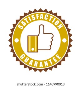 Satisfaction guarantee word and thumbs up or like symbol on circle jagged edge badge vector. Minimalist style, simple design, white, brown and gold color.