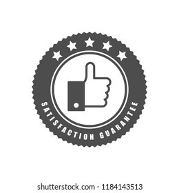 Satisfaction guarantee word, thumbs up or like and five star symbol on circle jagged edge badge vector. Minimalist style, simple design, black and white color.