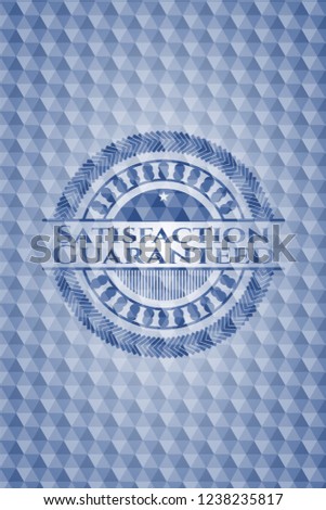 Satisfaction Guaranteed blue emblem or badge with abstract geometric polygonal pattern background.