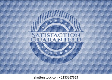 Satisfaction Guaranteed blue hexagon badge.