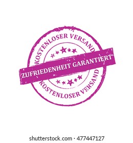 Satisfaction Guaranteed, Free Shipping (Text in German language: Zufriedenheit Garantiert, kostenloser Versand) - purple stamp / bagde. Print colors used