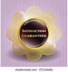 Satisfaction guaranteed gold shiny badge with pink background
