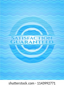 Satisfaction Guaranteed light blue water wave emblem background.