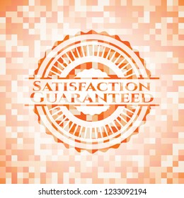 Satisfaction Guaranteed orange tile background illustration. Square geometric mosaic seamless pattern with emblem inside.