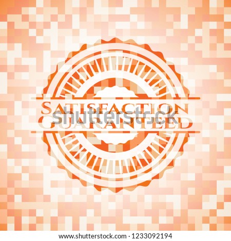 Satisfaction Guaranteed orange tile background illustration. Square geometric mosaic seamless pattern with emblem inside.