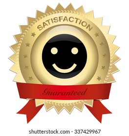 Satisfaction guaranteed seal or icon with red banner and smiley symbol. Glossy golden seal or button with stars and elegant banner.