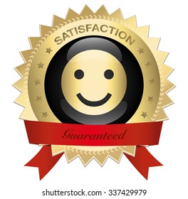 Satisfaction guaranteed seal or icon with red banner and smiley symbol. Glossy golden seal or button with stars and elegant banner.