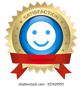 Satisfaction guaranteed seal or icon with red banner and smiley symbol. Glossy golden seal or button with stars and elegant banner.
