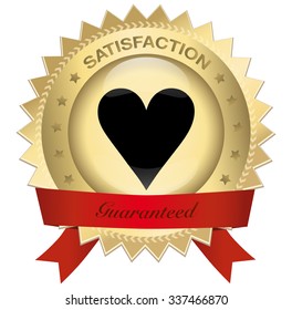 Satisfaction guaranteed seal or icon with red banner and heart symbol. Glossy golden seal or button with stars and elegant banner.