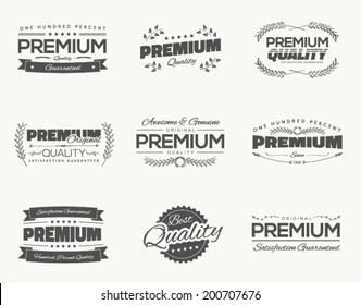 Satisfaction guaranteed vintage premium quality black vector labels and badges set and collection isolation.