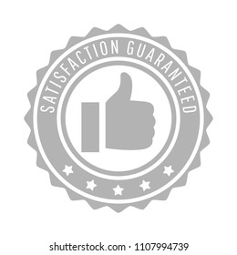 Satisfaction guaranteed word, thumbs up or like and five star symbol on circle jagged edge badge vector. Minimalist style, gray and white color.