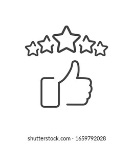 Сustomer Satisfaction Icon. 5 Stars Reputation Line Icon With Thumb Up. Quality Review With Feedback Template. Customer Reputation Concept Vector Illustration Isolated On White Background. EPS10