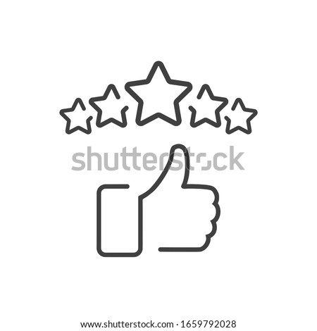 Сustomer satisfaction icon. 5 stars reputation line icon with thumb up. Quality review with feedback template. Customer reputation concept vector illustration isolated on white background. EPS10