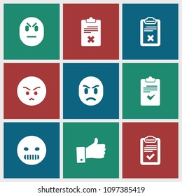 Satisfaction icon. collection of 9 satisfaction filled icons such as angry emot, clipboard. editable satisfaction icons for web and mobile.