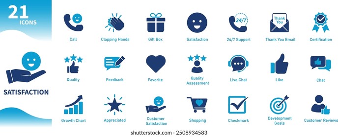 Satisfaction icon. Collection of icons on the theme of customer care, business, quality management, reviews. Solid vector icons.