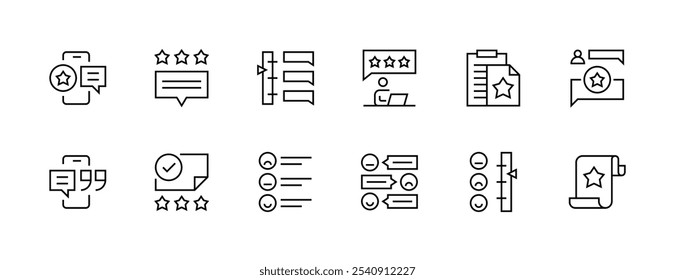 Icono de satisfacción colección. Conjunto de iconos de clasificación. Comentarios, reseña, mensaje, testimonio, comentario, conversación, opinión, clasificación y más. Trazo editable. Pixel perfecto. Base de rejilla 32px.