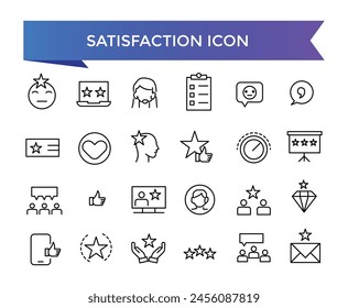 Satisfaction icon collection. Related to happiness, fulfillment, satisfied, joy, recommend, thankful, gratification and positive feedback. Vector Line symbol set.