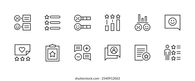 Icono de satisfacción colección. Conjunto de iconos de revisión. Comentarios, calificación, mensaje, testimonio, comentario, conversación, opinión, clasificación y más. Trazo editable. Pixel perfecto. Base de rejilla 32px.