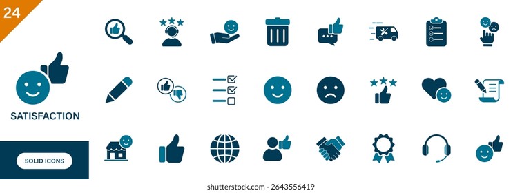 Satisfaction icon. Feedback, rating, quality, favorites, customer support, write a review. Solid vector icons collection.