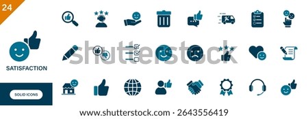 Satisfaction icon. Feedback, rating, quality, favorites, customer support, write a review. Solid vector icons collection.