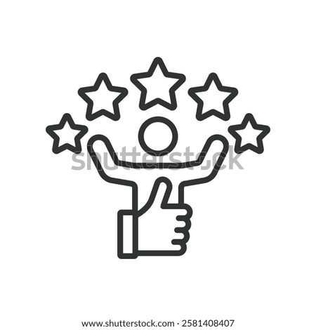 Satisfaction, icon in line design. Satisfaction, customer satisfaction, happy customer, positive feedback, customer feedback on white background vector. Satisfaction editable stroke icon